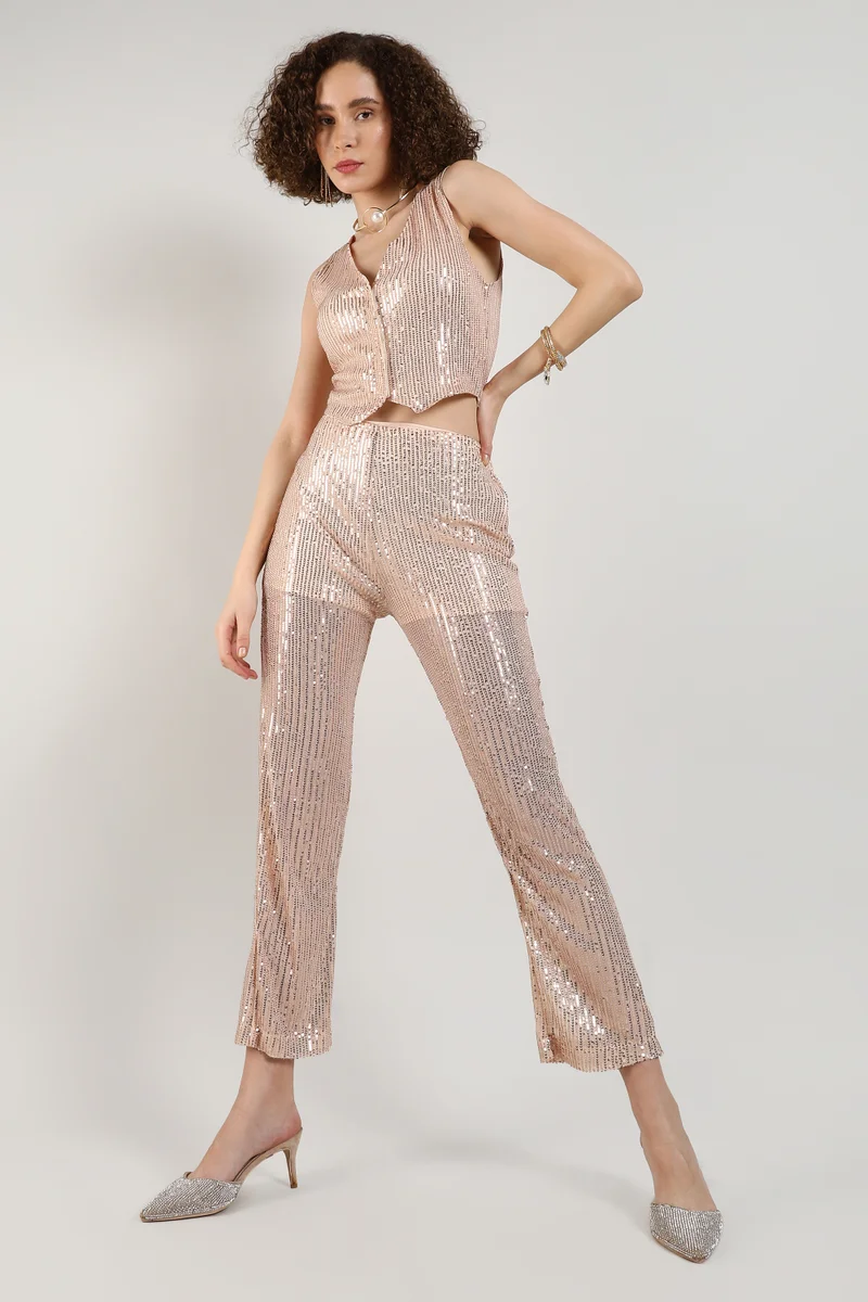 Pinacolada  Women's Beige Sequin Vest Co-Ord Set for Women | Best Price UAE