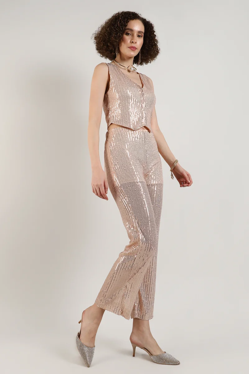 Pinacolada  Women's Beige Sequin Vest Co-Ord Set for Women | Best Price UAE