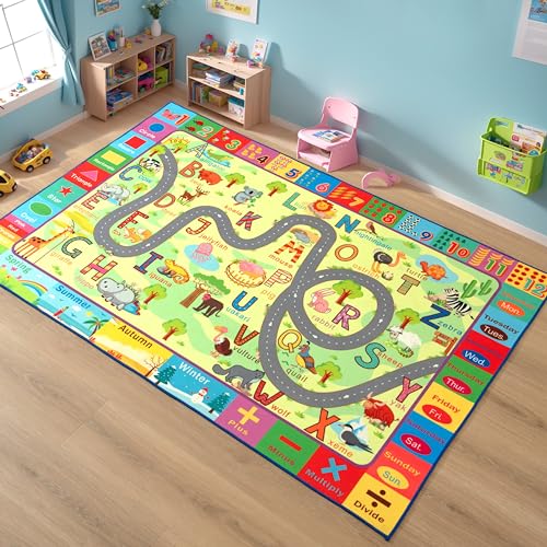 Terrug Kids Rug for Playroom & Classroom, Washable Nursery Carpet, Non-Slip Play Mat, Learning ABC, Numbers, Animals, Colors, Seasons, 4x6 Feet - Image 1