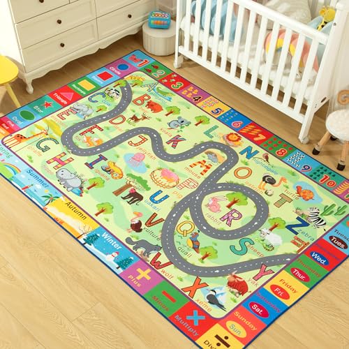 Terrug Kids Rug for Playroom & Classroom, Washable Nursery Carpet, Non-Slip Play Mat, Learning ABC, Numbers, Animals, Colors, Seasons, 4x6 Feet - Image 3