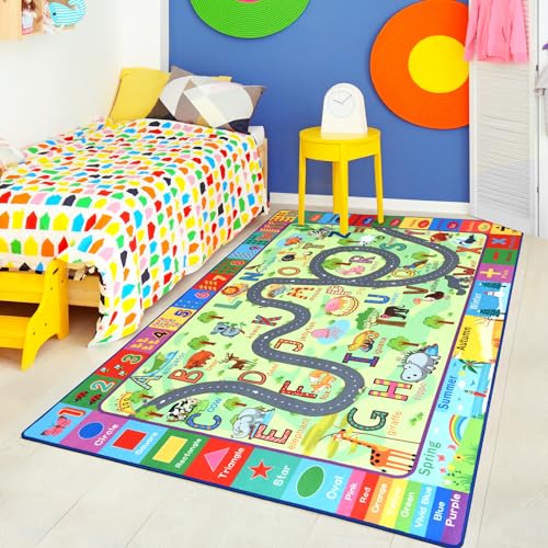Terrug Kids Rug for Playroom & Classroom, Washable Nursery Carpet, Non-Slip Play Mat, Learning ABC, Numbers, Animals, Colors, Seasons, 4x6 Feet - Image 2