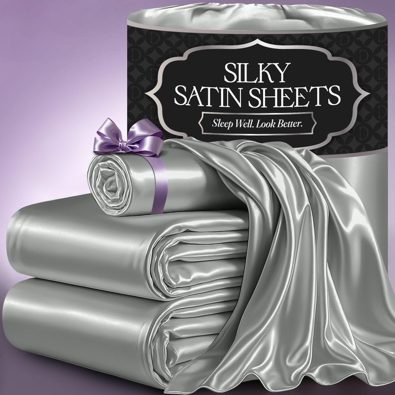 DECOLURE Satin Bed Sheets  3 Piece Luxury Silky Twin Size Bedding Set  Softer Than Silk WrinkleFree with 15 Deep Pocket Fitted Sheet Perfect for Hair  Skin Gifts for Women Grey