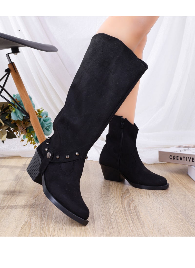 LIFESTYLISH - Boots Knee-High Suede Mid-Heels Elegant LB-30 - Black - Image 1