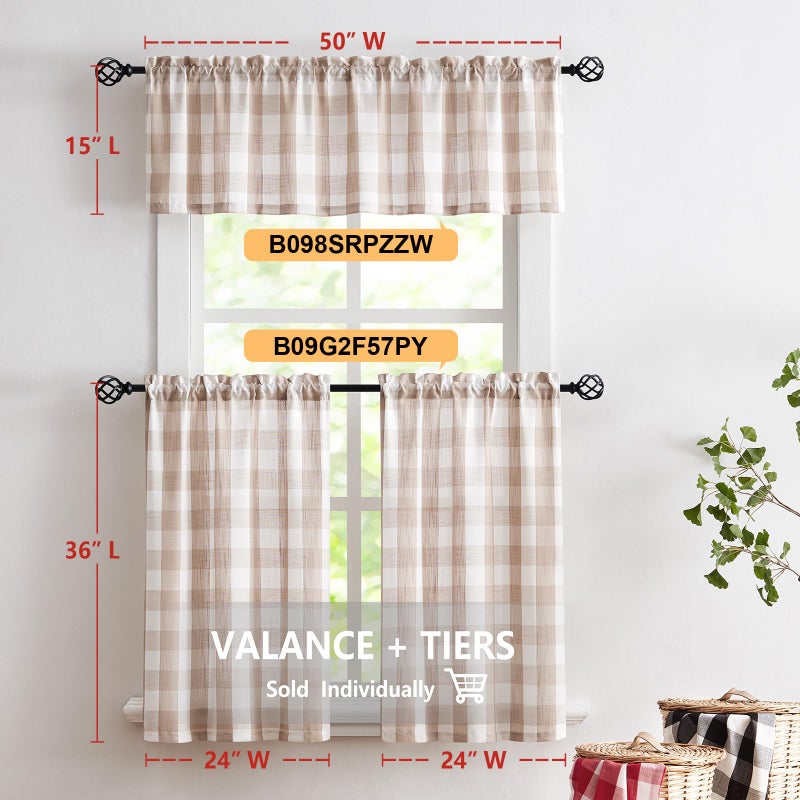 Treatmentex Buffalo Plaid Kitchen Curtains 36inch Taupe Tier Curtain Set for Laundry Basement Small Window Curtain Panels Caf? Curtains 27"" w x 36"" l 2pcs - Image 5