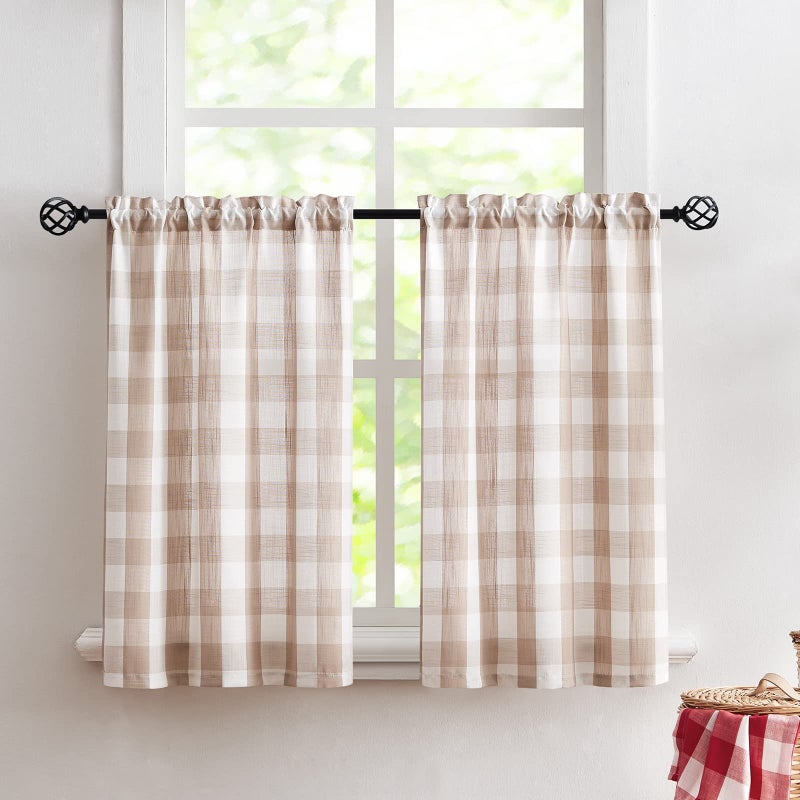 Treatmentex Buffalo Plaid Kitchen Curtains 36inch Taupe Tier Curtain Set for Laundry Basement Small Window Curtain Panels Caf? Curtains 27"" w x 36"" l 2pcs - Image 1