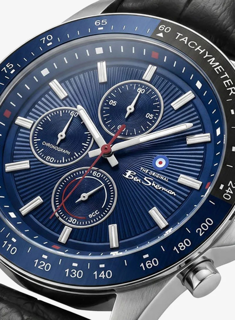 Ben Sherman Winchester Blue Dial Black Genuine Leather Strap Chronograph Watch for Men, 43.2mm