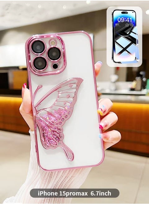 Designed for iPhone 15 Pro Max 6.7 Inches Case, Transparent Butterfly Quicksand Glitter Shell, Soft TPU Back with Soft Edge Slim Case Anti-Fingerprints Sanding Surface Shockproof Protective Cover