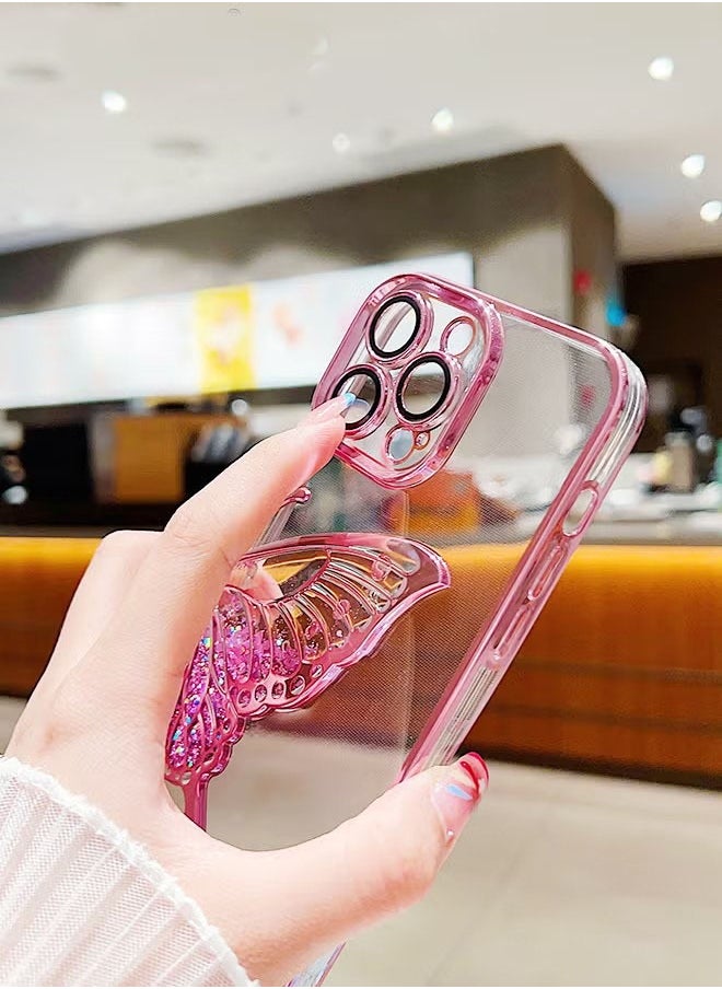 Designed for iPhone 15 Pro Max 6.7 Inches Case, Transparent Butterfly Quicksand Glitter Shell, Soft TPU Back with Soft Edge Slim Case Anti-Fingerprints Sanding Surface Shockproof Protective Cover