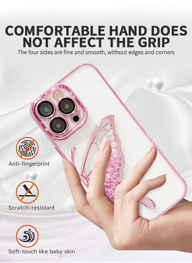 Designed for iPhone 15 Pro Max 6.7 Inches Case, Transparent Butterfly Quicksand Glitter Shell, Soft TPU Back with Soft Edge Slim Case Anti-Fingerprints Sanding Surface Shockproof Protective Cover