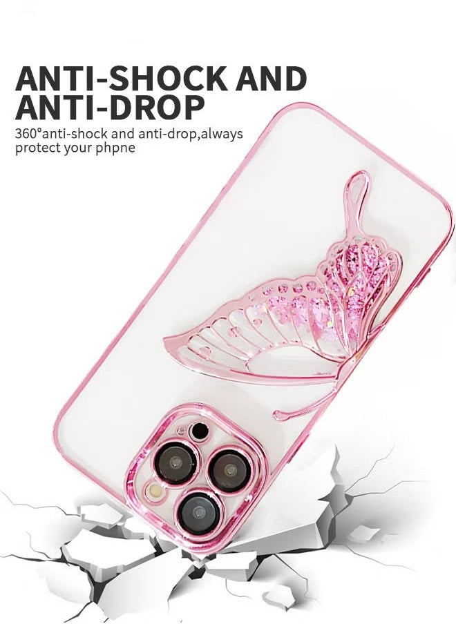 Designed for iPhone 15 Pro Max 6.7 Inches Case, Transparent Butterfly Quicksand Glitter Shell, Soft TPU Back with Soft Edge Slim Case Anti-Fingerprints Sanding Surface Shockproof Protective Cover