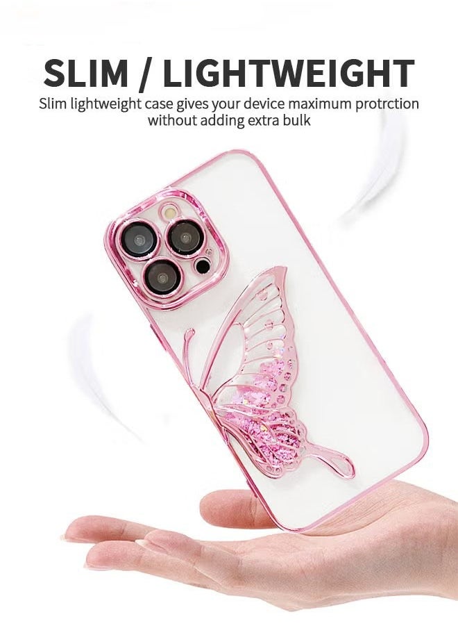 Designed for iPhone 15 Pro Max 6.7 Inches Case, Transparent Butterfly Quicksand Glitter Shell, Soft TPU Back with Soft Edge Slim Case Anti-Fingerprints Sanding Surface Shockproof Protective Cover