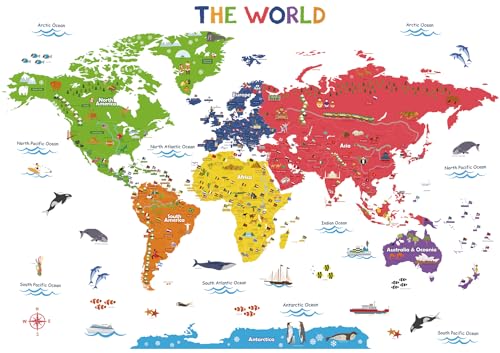 DECOWALL DLT1616N Colourful World Map Kids Wall Decals Wall Stickers Peel and Stick Removable Wall Stickers for Kids Nursery Bedroom Living Room XLarge