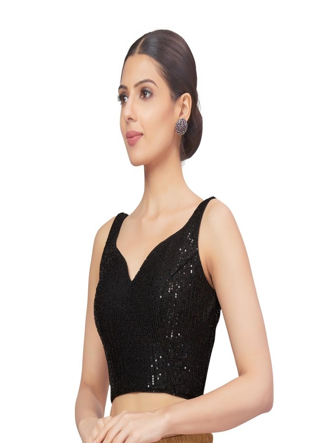 Studio Shringaar Women's Polyester Black Sequin Readymade Sleeveless Padded Saree Blouse (Black, 34) - Image 4