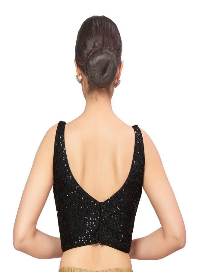 Studio Shringaar Women's Polyester Black Sequin Readymade Sleeveless Padded Saree Blouse (Black, 34) - Image 2