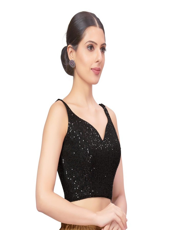 Studio Shringaar Women's Polyester Black Sequin Readymade Sleeveless Padded Saree Blouse (Black, 34) - Image 5