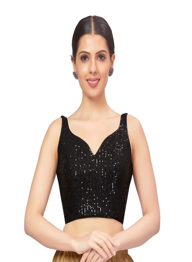 Studio Shringaar Women's Polyester Black Sequin Readymade Sleeveless Padded Saree Blouse (Black, 34) - Image 1