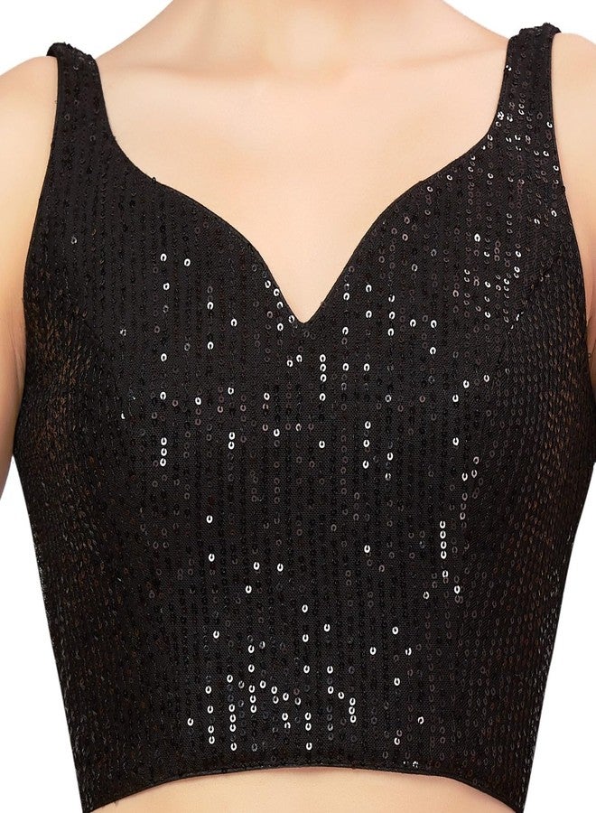 Studio Shringaar Women's Polyester Black Sequin Readymade Sleeveless Padded Saree Blouse (Black, 34) - Image 3