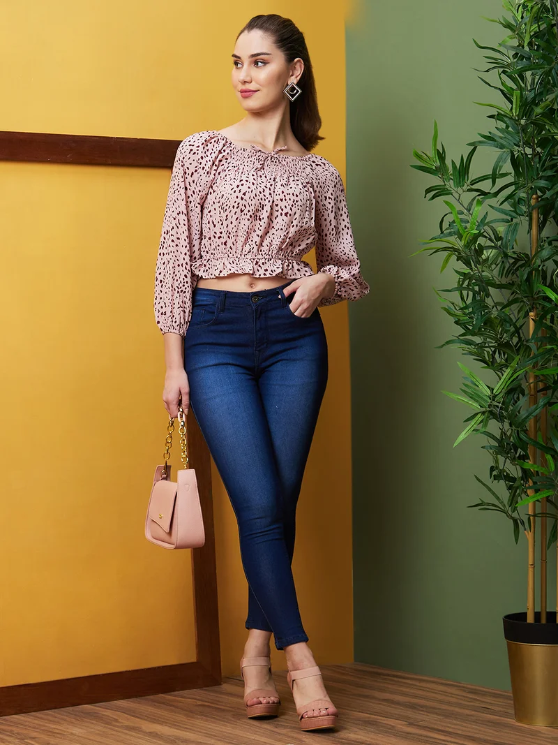 globus Women Floral Printed Georgette Square Neck Blouson Crop Casual Top