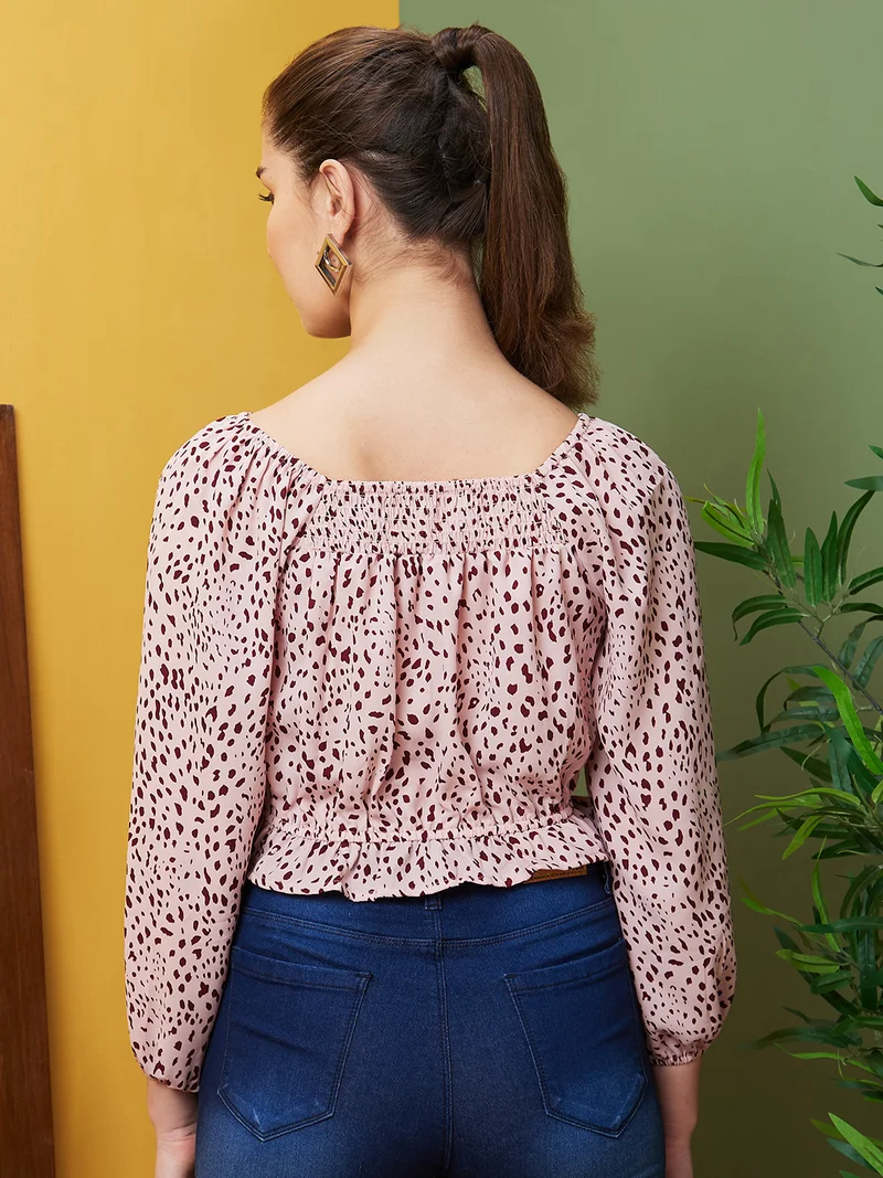 globus Women Floral Printed Georgette Square Neck Blouson Crop Casual Top