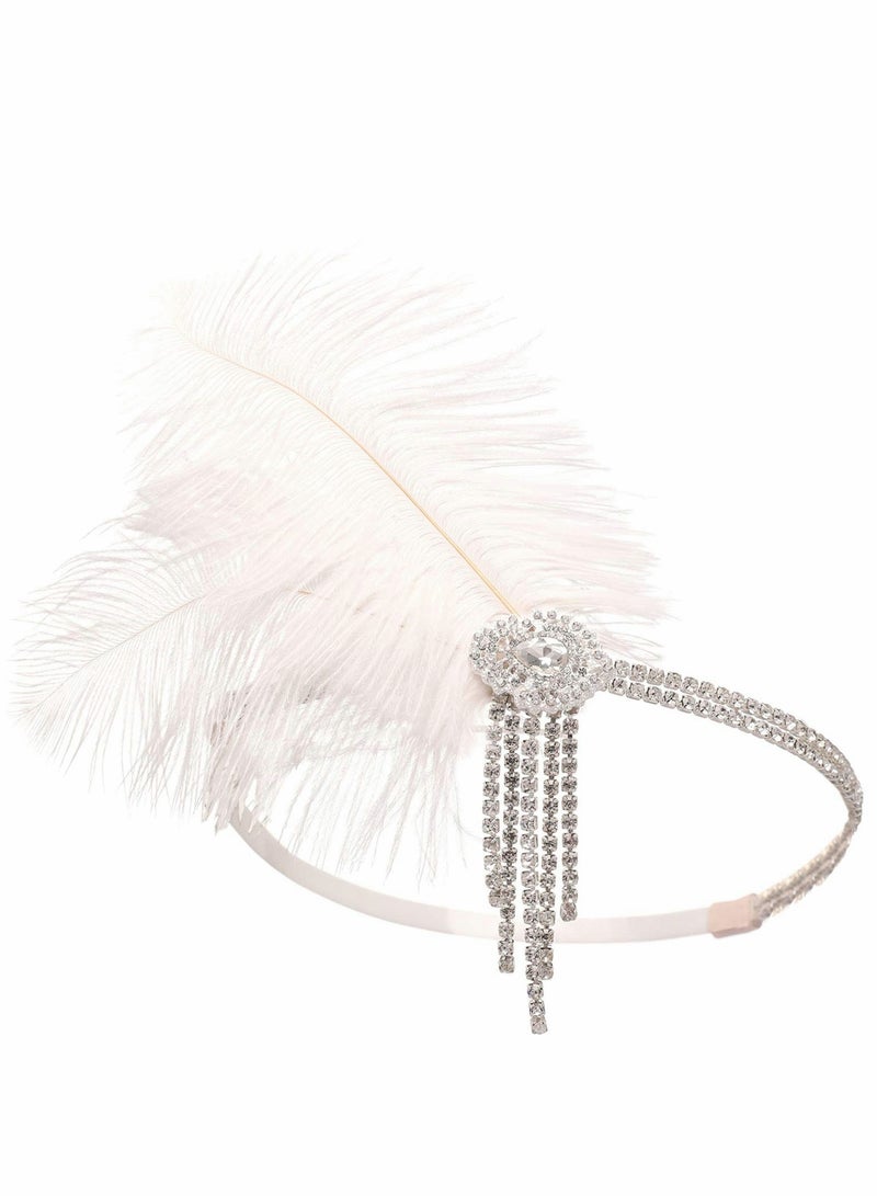 Excefore 1920s Flapper Headband, Great Gatsby Inspired Feather Headpiece 20s Art Deco Hair Accessories Headband Party Rhinestone for Women, Ivory - Image 4