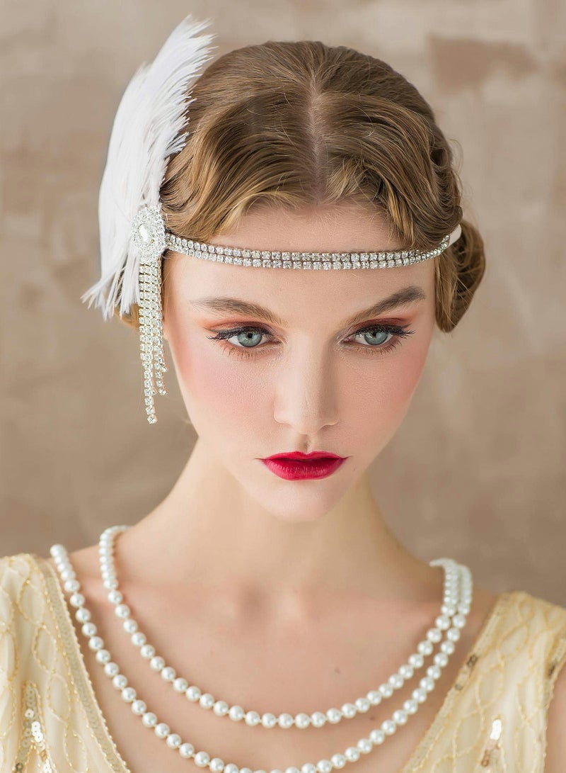 Excefore 1920s Flapper Headband, Great Gatsby Inspired Feather Headpiece 20s Art Deco Hair Accessories Headband Party Rhinestone for Women, Ivory - Image 3