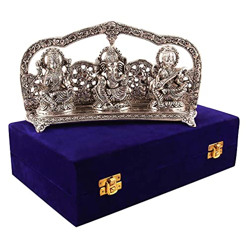 Lavanaya Silver® - Silver Plated Laxmi Ganesh Saraswati Idol - Elegant Velvet Box Packing - Perfect for Anniversary, Wedding, Housewarming, and Diwali Gifting - Image 1
