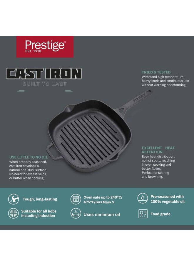 Prestige - مشواة حديدية مصنوعة من الحديد الزهر بقطر 25 سم/9.8" | مقلاة مشواة حديدية بمقبض | أواني طهي قابلة للاستخدام على الحث الكهرومغناطيسي باللون الأسود - PR48886 - Image 1