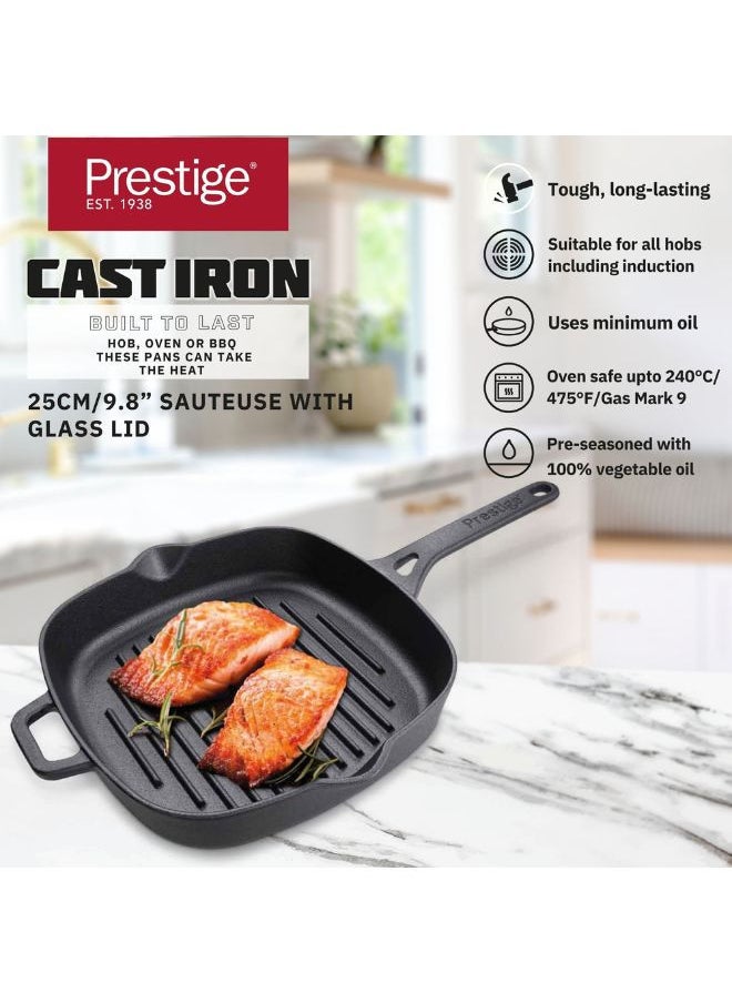Prestige - مشواة حديدية مصنوعة من الحديد الزهر بقطر 25 سم/9.8" | مقلاة مشواة حديدية بمقبض | أواني طهي قابلة للاستخدام على الحث الكهرومغناطيسي باللون الأسود - PR48886 - Image 1