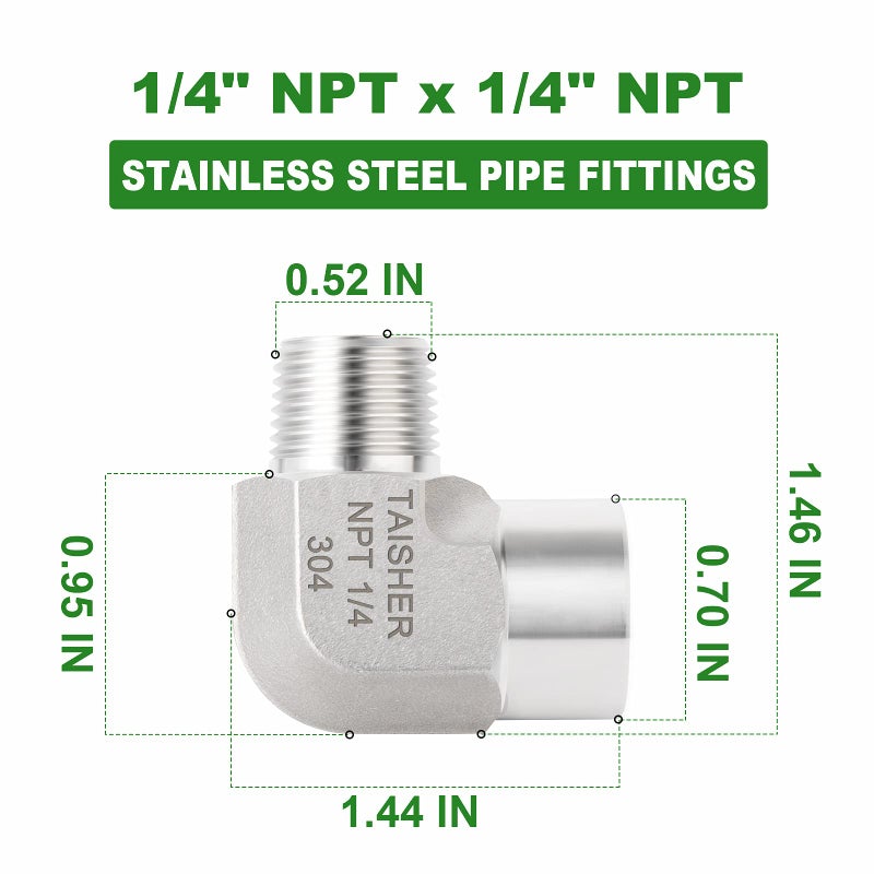 TAISHER 2PCS 304 Stainless Steel 90 Degree Barstock Street Elbow, 1/4 Inch NPT Male Pipe to 1/4 Inch NPT Female 304 Stainless Pipe Fitting - Image 4