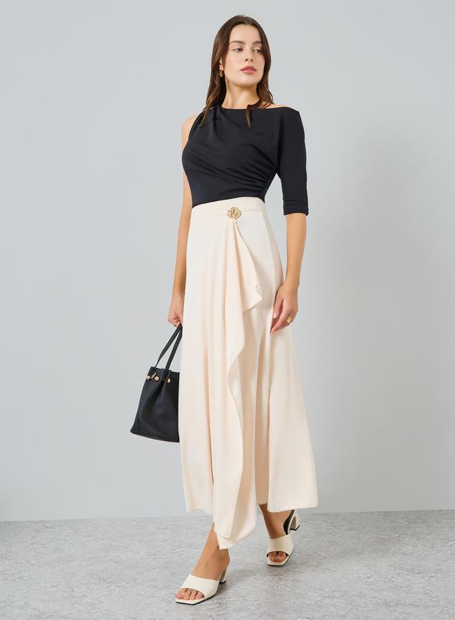 Styli Women Beige Solid Wrap Midi Skirt with Metallic Accents - Image 1