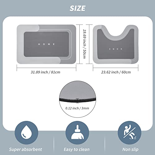 Housego 2PCS Absorbent Bath Mat Magic Rug Sets, Quick Drying Bath Mat Non-Slip Floor Rug Rubber Backed for Bathroom Kitchen Shower Sink, Water Absorbent (19.7''x23.6''+19.7''x31.9'', Dark Gray) - Image 2