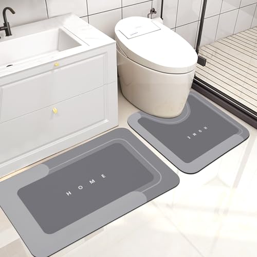 Housego 2PCS Absorbent Bath Mat Magic Rug Sets, Quick Drying Bath Mat Non-Slip Floor Rug Rubber Backed for Bathroom Kitchen Shower Sink, Water Absorbent (19.7''x23.6''+19.7''x31.9'', Dark Gray) - Image 1