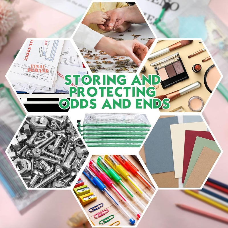 Handepo 100 Pack Mesh Zipper Pouch Pencil Pouches Bulk Clear File Bag Waterproof Document Pouch Multipurpose for Storage Office Travel Puzzle Game(A6/9.45x4.53in,White Pouch Green Zipper) - Image 5