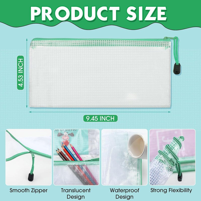 Handepo 100 Pack Mesh Zipper Pouch Pencil Pouches Bulk Clear File Bag Waterproof Document Pouch Multipurpose for Storage Office Travel Puzzle Game(A6/9.45x4.53in,White Pouch Green Zipper) - Image 2