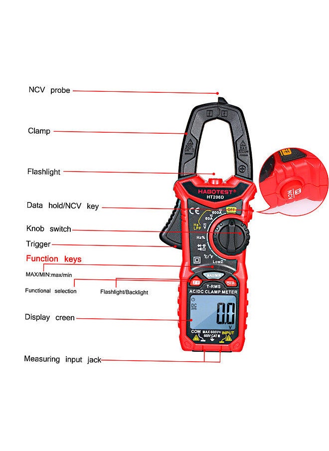 AC/DC Digital Clamp Meter for Measuring AC/DC Voltage , AC/DC Current, Frequency, Duty Cycle, Diode, Resistance, Continuity, Transistors Test, NCV Clamp Multimeter