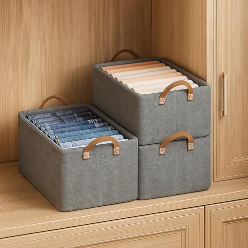 JD FRESH 3 Pcs of Large Foldable Storage Box and Organiser with Metal Frame/Woven Fabric Clothes Organiser with Handle/Wardrobe Organizer for Storage/Almirah Organizer for Shirts/Jeans/Sweater (Grey) - Image 1
