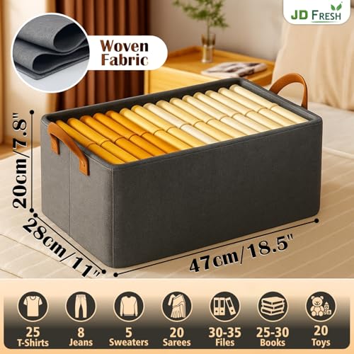 JD FRESH 3 Pcs of Large Foldable Storage Box and Organiser with Metal Frame/Woven Fabric Clothes Organiser with Handle/Wardrobe Organizer for Storage/Almirah Organizer for Shirts/Jeans/Sweater (Grey) - Image 3