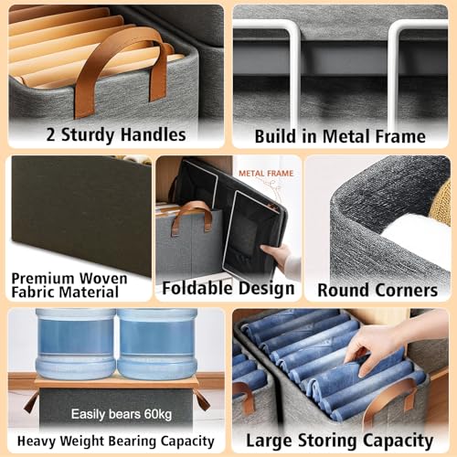 JD FRESH 3 Pcs of Large Foldable Storage Box and Organiser with Metal Frame/Woven Fabric Clothes Organiser with Handle/Wardrobe Organizer for Storage/Almirah Organizer for Shirts/Jeans/Sweater (Grey) - Image 4