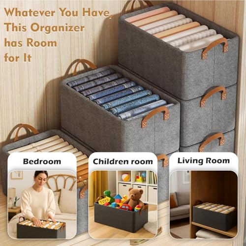 JD FRESH 3 Pcs of Large Foldable Storage Box and Organiser with Metal Frame/Woven Fabric Clothes Organiser with Handle/Wardrobe Organizer for Storage/Almirah Organizer for Shirts/Jeans/Sweater (Grey) - Image 5