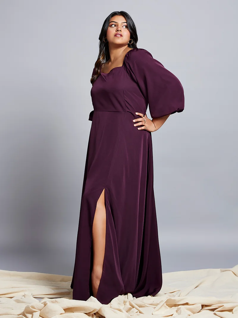 globus Globus Gloplus Women Square Neck Bishop Sleeves Flared Hem Side Slit A-Line Plus Size Party Dress