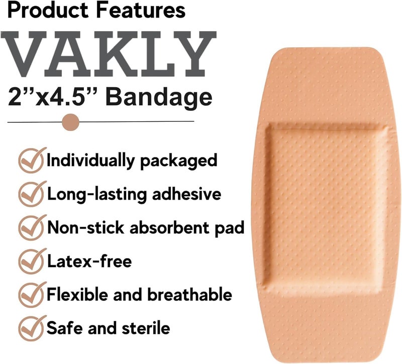 Vakly 100 Extra Large Adhesive Bandage Patch  2x45 Sterile Sheer Plastic Bandages Breathable  Flexible with NonStick Pad and 4 Sided Seal Latex Free for First Aid Kit Wound Care 100 - Image 2