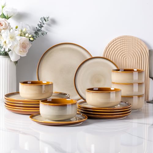 LeRatio Ceramic Dinnerware Sets for 6,Poreclain Plates and Bowls Sets,Handmade Reactive Glaze Dishes Set,Chip Resistant and Scratch Resistant | Oven&Dishwasher & Microwave Safe)-Kahki(18PCS) - Image 1