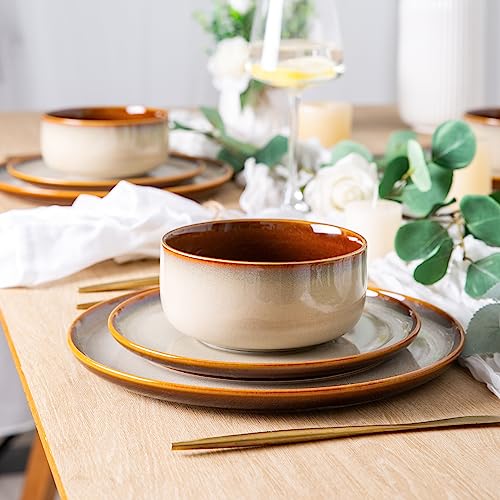 LeRatio Ceramic Dinnerware Sets for 6,Poreclain Plates and Bowls Sets,Handmade Reactive Glaze Dishes Set,Chip Resistant and Scratch Resistant | Oven&Dishwasher & Microwave Safe)-Kahki(18PCS) - Image 5