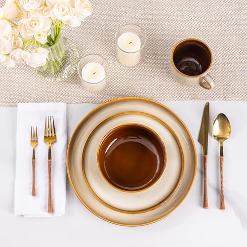 LeRatio Ceramic Dinnerware Sets for 6,Poreclain Plates and Bowls Sets,Handmade Reactive Glaze Dishes Set,Chip Resistant and Scratch Resistant | Oven&Dishwasher & Microwave Safe)-Kahki(18PCS) - Image 3