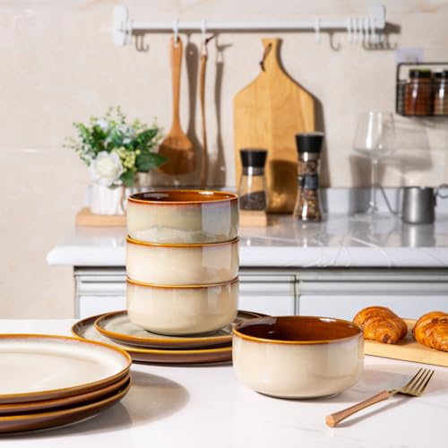 LeRatio Ceramic Dinnerware Sets for 6,Poreclain Plates and Bowls Sets,Handmade Reactive Glaze Dishes Set,Chip Resistant and Scratch Resistant | Oven&Dishwasher & Microwave Safe)-Kahki(18PCS) - Image 4