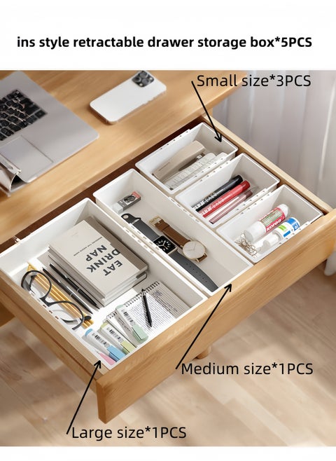5PCS-New Retractable Drawer Storage Box Cosmetics Partition Box Multifunctional Underwear Socks Storage Box large Capacity Student Stationery Classification And Organization Cosmetics Desktop Storage Box（White-Large*1- Medium*1 -Small*3）