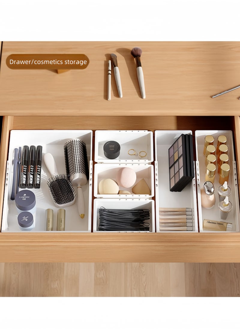 5PCS-New Retractable Drawer Storage Box Cosmetics Partition Box Multifunctional Underwear Socks Storage Box large Capacity Student Stationery Classification And Organization Cosmetics Desktop Storage Box（White-Large*1- Medium*1 -Small*3）