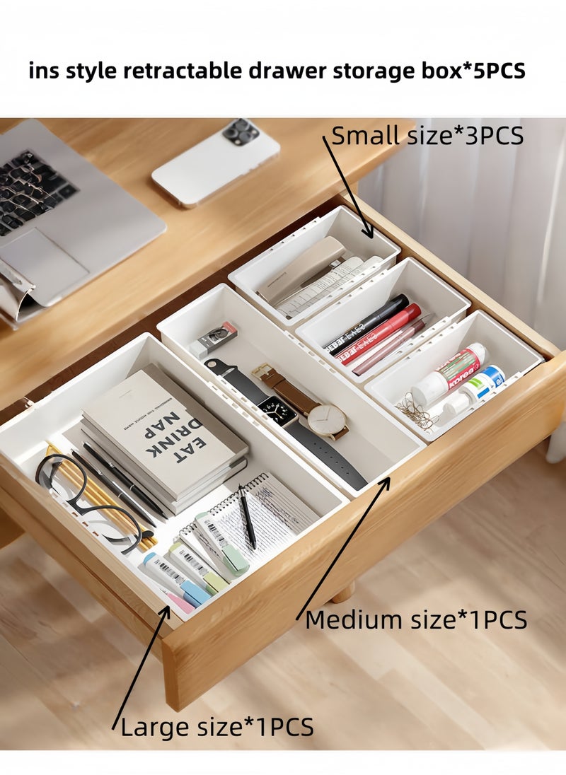 5PCS-New Retractable Drawer Storage Box Cosmetics Partition Box Multifunctional Underwear Socks Storage Box large Capacity Student Stationery Classification And Organization Cosmetics Desktop Storage Box（White-Large*1- Medium*1 -Small*3）