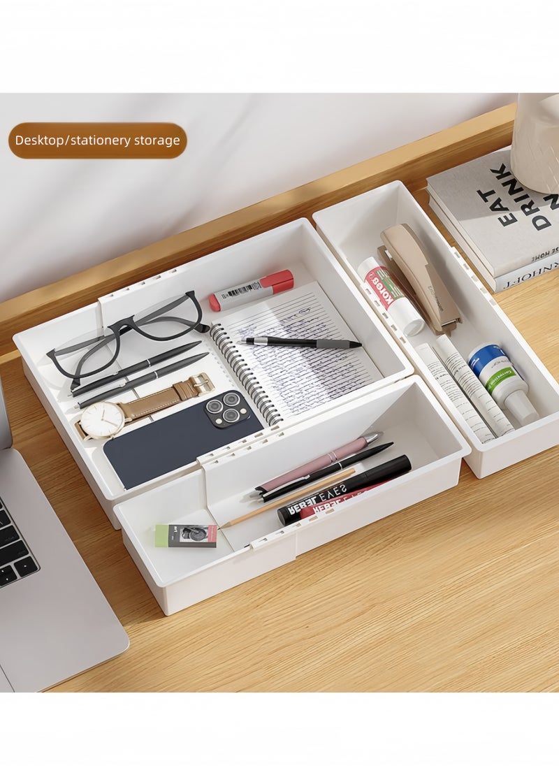 5PCS-New Retractable Drawer Storage Box Cosmetics Partition Box Multifunctional Underwear Socks Storage Box large Capacity Student Stationery Classification And Organization Cosmetics Desktop Storage Box（White-Large*1- Medium*1 -Small*3）