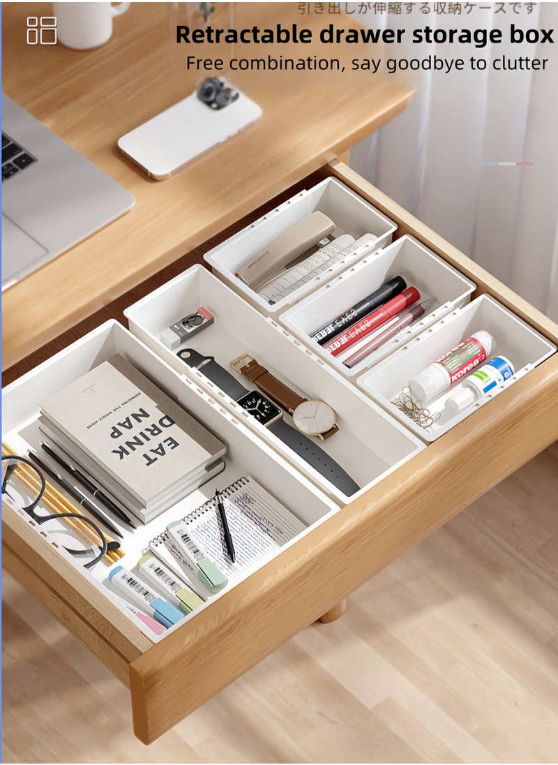 5PCS-New Retractable Drawer Storage Box Cosmetics Partition Box Multifunctional Underwear Socks Storage Box large Capacity Student Stationery Classification And Organization Cosmetics Desktop Storage Box（White-Large*1- Medium*1 -Small*3）